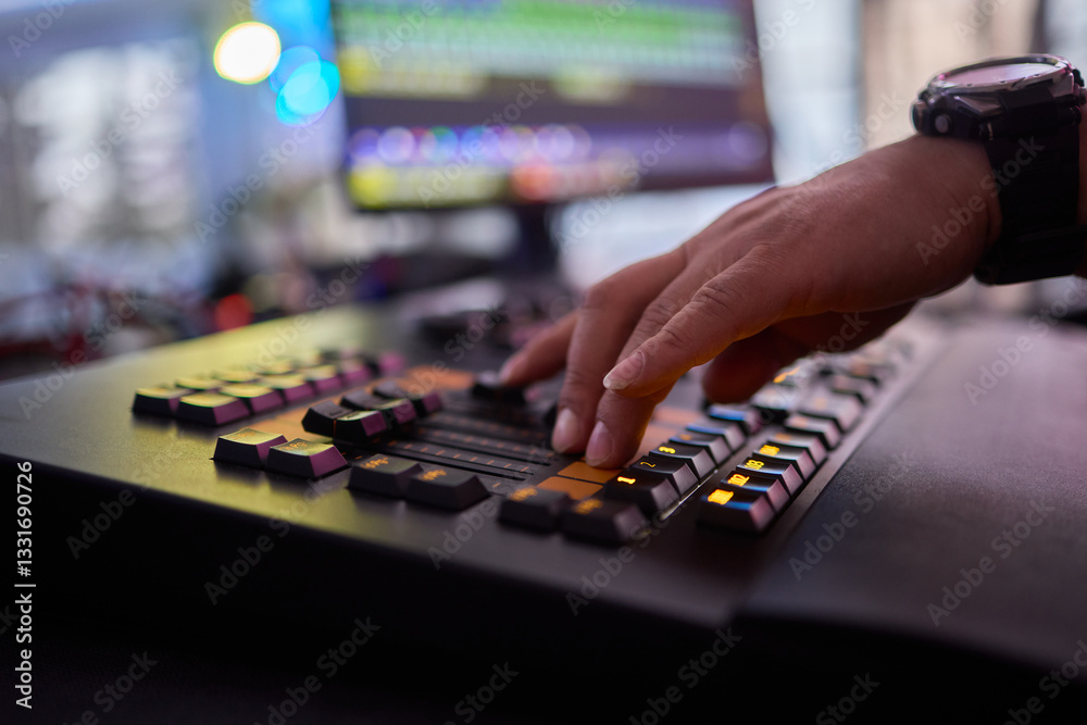 Fototapeta premium Closeup image of a hand mixing sounds on a control board, showcasing an audio technicians work
