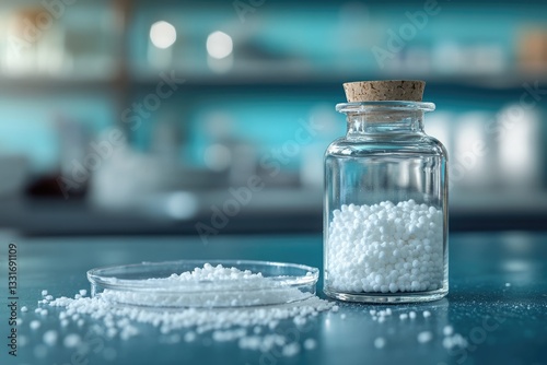 Sodium Hydroxide Chemistry Research Laboratory Background with Pure White Pellets in Bottle