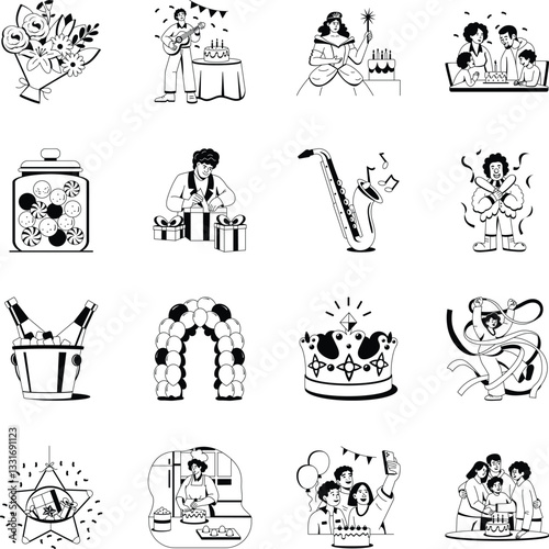 Set of Birthday Characters Glyph Illustrations

