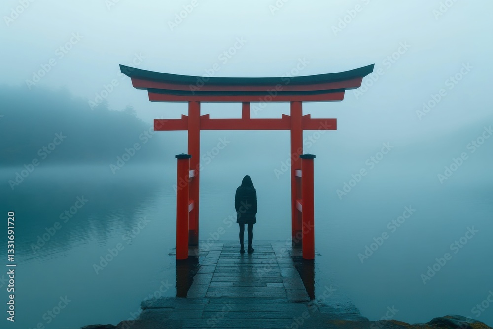 Hakone Shrine: Red Torii Gate in Japan with Foggy Atmosphere Hakone Shrine: Red Torii Gate in Japan with Foggy Atmosphere