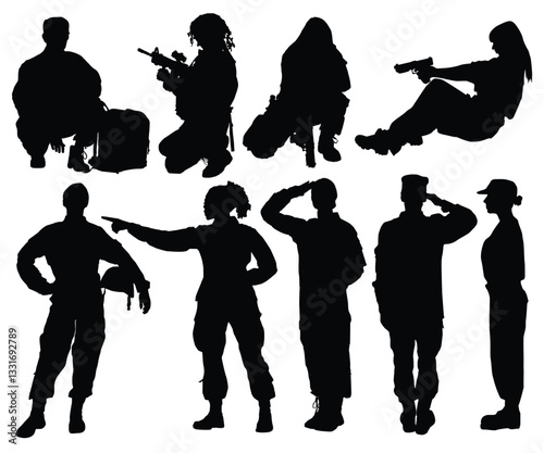 US female soldier’s silhouette pose collection. Lady army soldiers saluting American flag. Soldier girl kneeling down or aiming. Military woman in parade. Memorial day, 4th of July, Veteran's day.