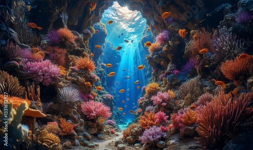 under water scene of a coral reef with light rays, ai generated