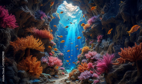 under water scene of a coral reef with light rays, ai generated
