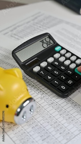 Yellow Piggy Bank and Calculator on Financial Spreadsheet