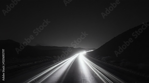 A captivating night scene featuring a winding road illuminated by headlights, surrounded by a dark, mountainous landscape. Perfect for travel themes. photo