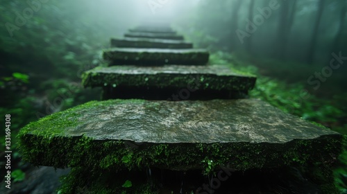 A serene view of mossy stone steps disappearing into the misty green forest, inviting exploration and conveying the beauty of nature's tranquility and harmony.