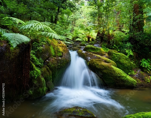 waterfall cascading through lush green forest scenery with dense foliage and vibrant plants greenery