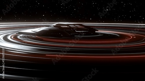A futuristic spacecraft resting on layered circular neon illuminated platforms