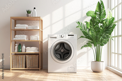 Modern front loading washing machine with premium white cabinet with digital control panel, located in bright white room. photo