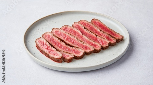 Thinly sliced skirt steak arranged neatly on a plate