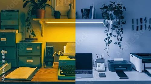 Split-screen comparison of a home office, showing old (typewriter) and new (laptop) technology