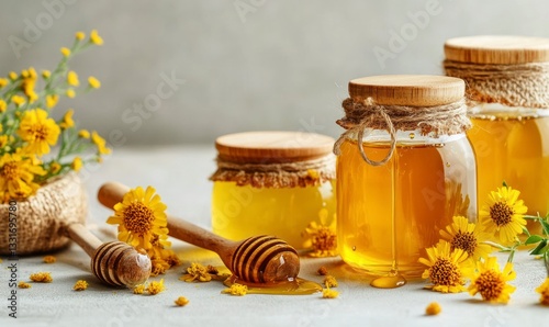 Jars of Fresh Honey with Yellow Flowers and Honey Dippers