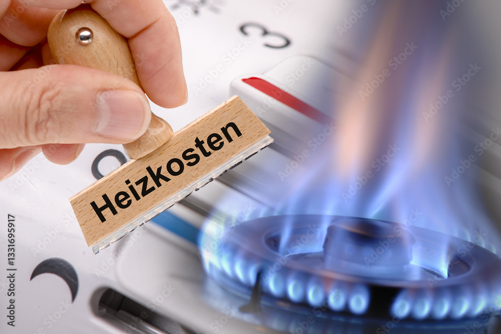 Eine Hand hält einen Holzstempel mit der Aufschrift Heizkosten vor eine brennende Gasflamme und ein Heizungsthermostat - Symbolbild - FOTOMONTAGE