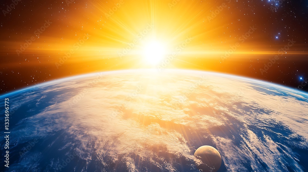 The bright sun shining over planet earth in space The bright sun shining over planet earth in space