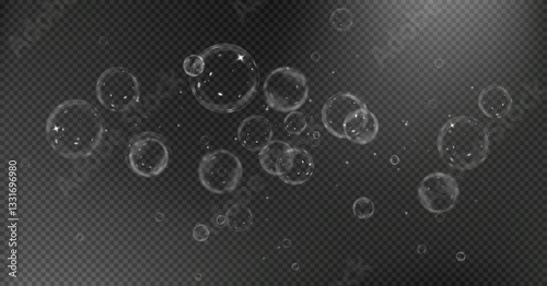 realistic transparent soap bubble with a glossy surface, rainbow reflections, and floating foam effect. Perfect for abstract designs, water elements, and magical background visuals. Vector