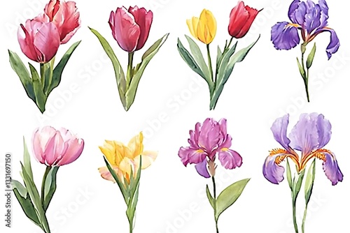 Botanical Watercolor Floral Collection – Tulips & Irises in Vibrant Arrangements