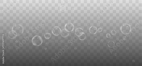 realistic transparent soap bubble with a glossy surface, rainbow reflections, and floating foam effect. Perfect for abstract designs, water elements, and magical background visuals. Vector