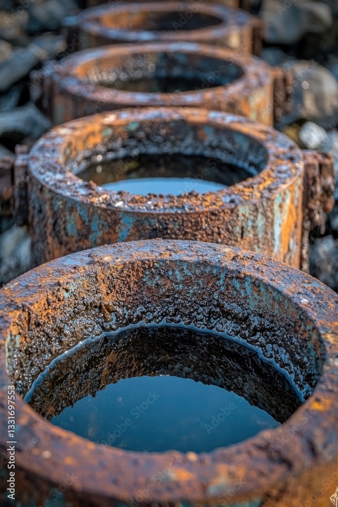 Rusted industrial pipes filled with still water at a rocky shoreline during golden hour Rusted industrial pipes filled with still water at a rocky shoreline during golden hour