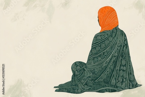 Serene silhouette of a woman in traditional attire with an orange headscarf, reflecting cultural richness and tranquility photo