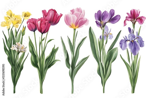 Botanical Watercolor Floral Collection – Tulips & Irises in Vibrant Arrangements