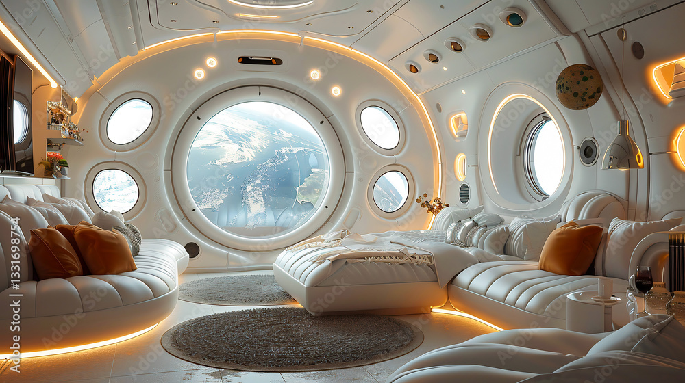 Fototapeta premium A traveler floating inside a luxurious zero-gravity space hotel, looking out at Earth through a massive panoramic glass window. The interior features sleek, futuristic design elements