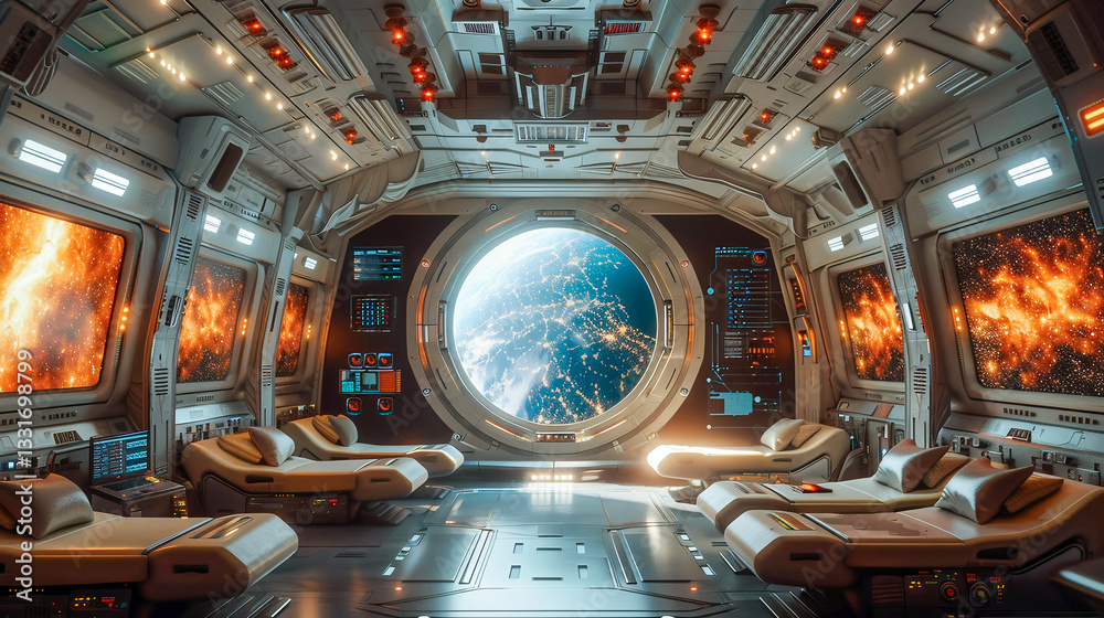 Fototapeta premium A traveler floating inside a luxurious zero-gravity space hotel, looking out at Earth through a massive panoramic glass window. The interior features sleek, futuristic design elements