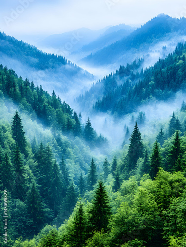 Misty mountain valley, lush green forests
