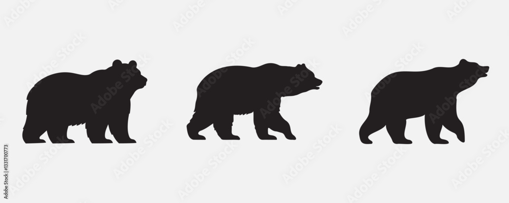 Naklejka premium Three bear silhouettes in various walking poses, representing strength and wilderness. Perfect for logos, outdoor designs, and nature-themed illustrations