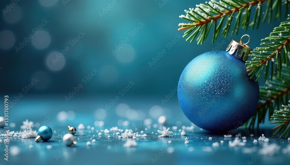 Frosted pine branches frame a single, shimmering blue Christmas ball , winter, sparkle Frosted pine branches frame a single, shimmering blue Christmas ball , winter, sparkle
