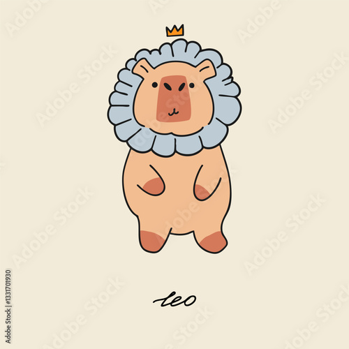 Cute capybara zodiac sign Leo. Trendy vector illustration.