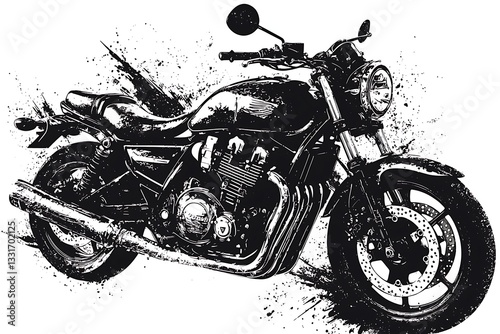 Motorcycle Splatter Art: Black and White Graphic.