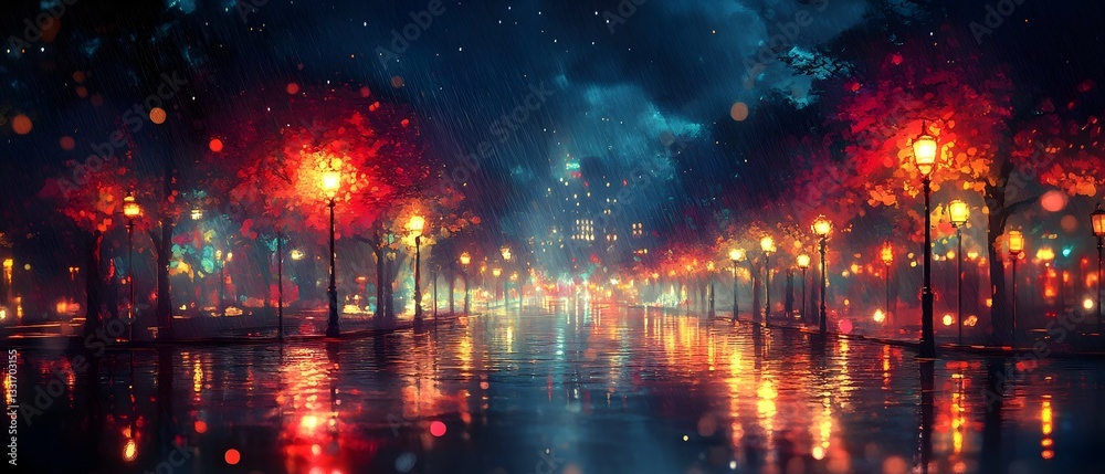 Naklejka premium Glowing city lights in a tranquil urban night scene