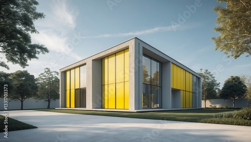 Modern architectural design features bright yellow glass facade in sunny outdoor setting with lush greenery