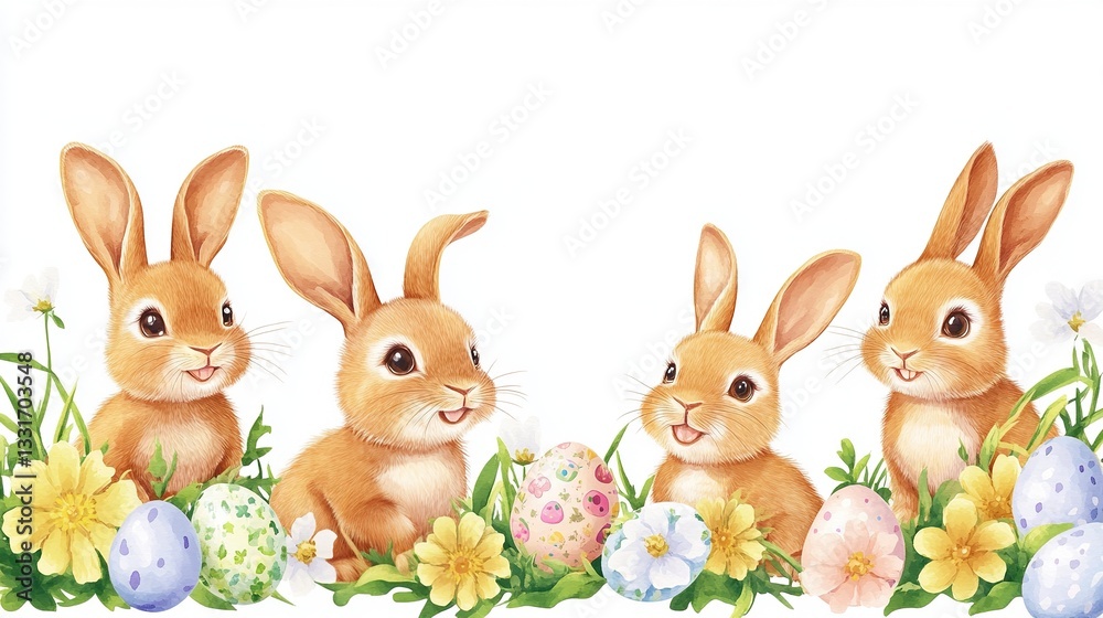Fototapeta premium Cute cartoon bunnies with Easter eggs and flowers border on a white background, Easter-themed illustration style, watercolor painting, high resolution, high detail, high quality.