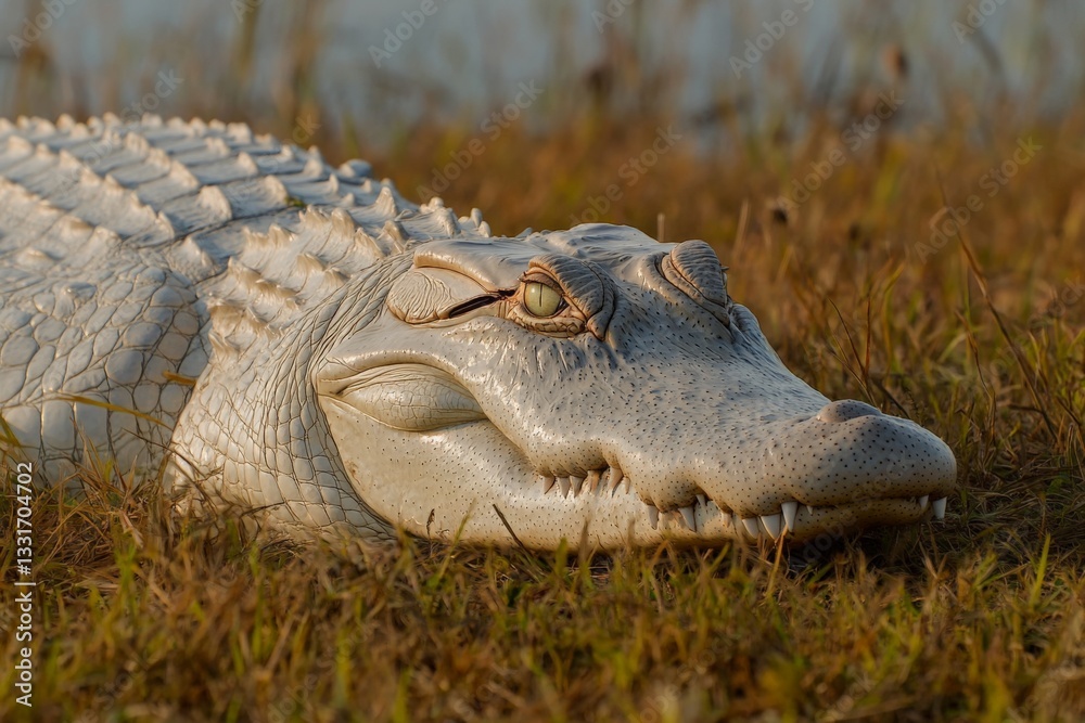Fototapeta premium Rare white alligator resting on grass by the water during golden hour in a natural habitat