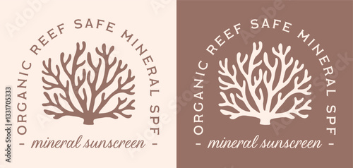 Reef safe mineral organic sunscreen spf uv protection natural non toxic eco friendly girl sun skincare. Luxury high end aesthetic brown beige coral illustration logo for badge sticker label design.