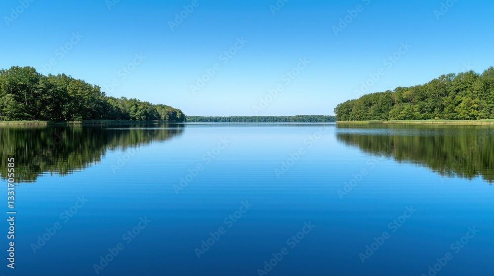 Obraz premium Serene lake reflecting a clear sky, dense forest shores