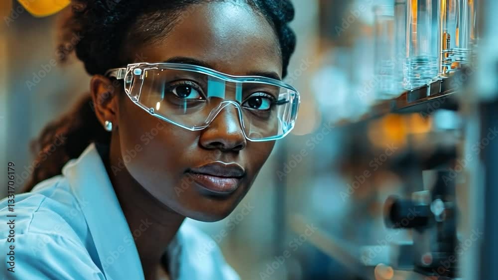 Confident Scientist in Lab: A focused scientist in a modern lab environment, wearing protective eyewear, embodies expertise and innovation. Close-up shot with soft focus Confident Scientist in Lab: A focused scientist in a modern lab environment, wearing protective eyewear, embodies expertise and innovation. Close-up shot with soft focus