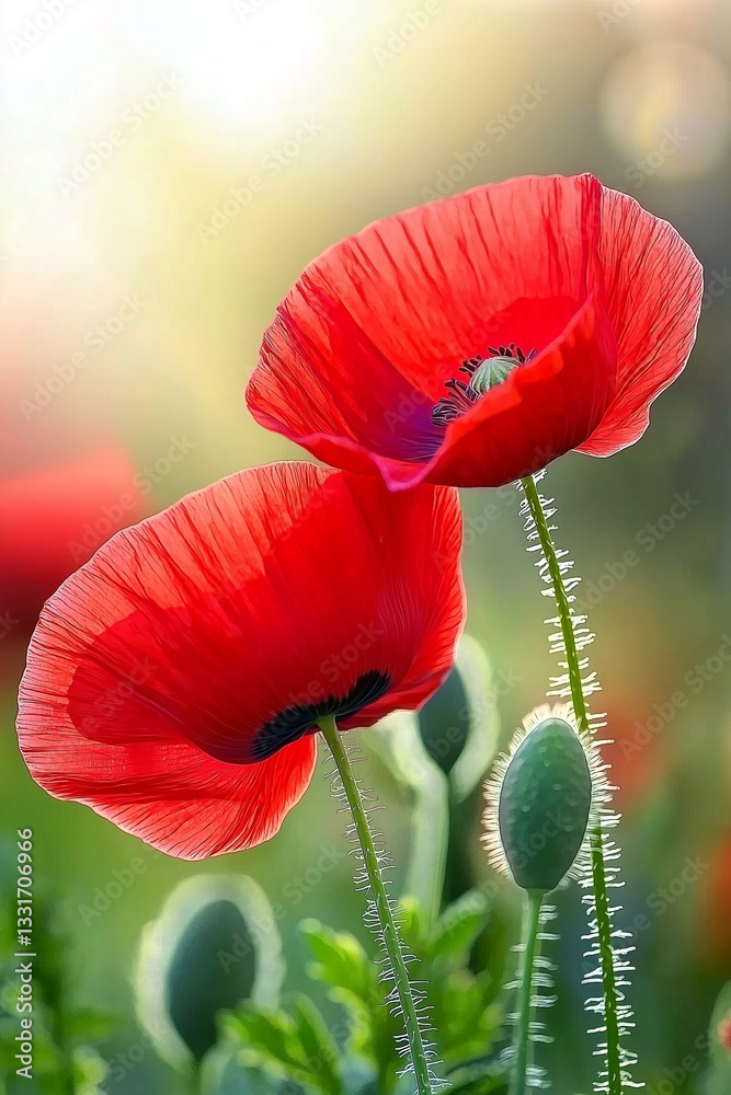 Obraz premium Close-up of poppy flowers in the field, shallow depth of field, blurred background, vibrant red petals, green leaves and stem, natural light creating soft shadows, serene meadow se