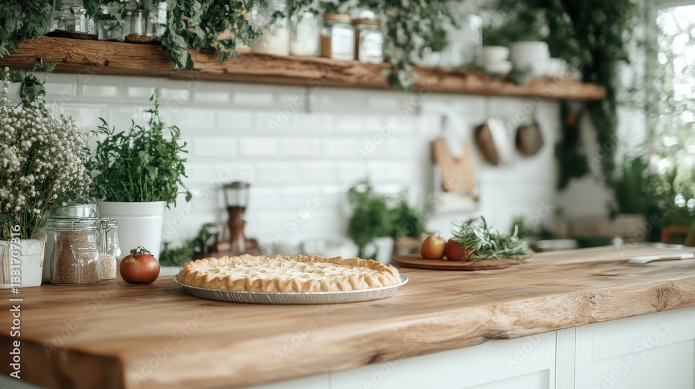 A tantalizing homemade pie presented on a rustic wooden table, surrounded by vibrant greenery and a cozy kitchen backdrop, capturing the essence of comfort and culinary art. A tantalizing homemade pie presented on a rustic wooden table, surrounded by vibrant greenery and a cozy kitchen backdrop, capturing the essence of comfort and culinary art.