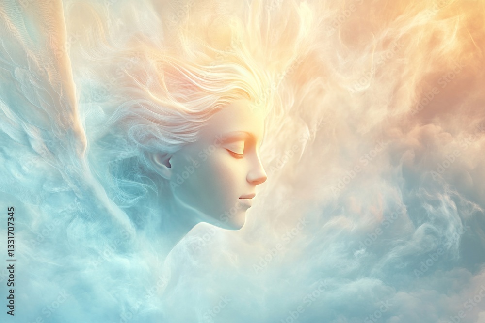 Serene woman's face amidst ethereal clouds and light.