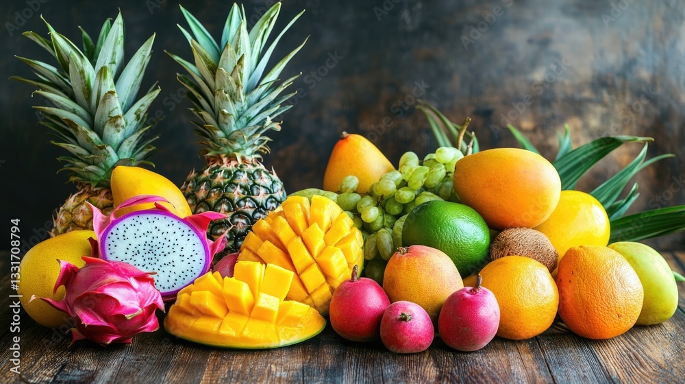 A beautiful arrangement of fresh and colorful tropical fruits A beautiful arrangement of fresh and colorful tropical fruits