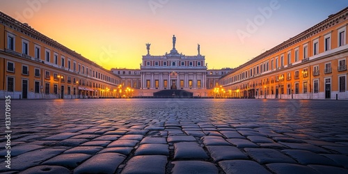 Fototapeta Naklejka Na Ścianę i Meble -  Quirinal palace at sunrise, rome, italy, showing cobblestone street
