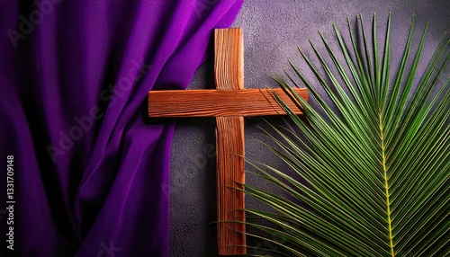 Wooden Cross with Palm Leaves and Purple Fabric – Holy Week Symbolism