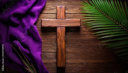 Wooden Cross with Palm Leaves and Purple Fabric – Holy Week Symbolism