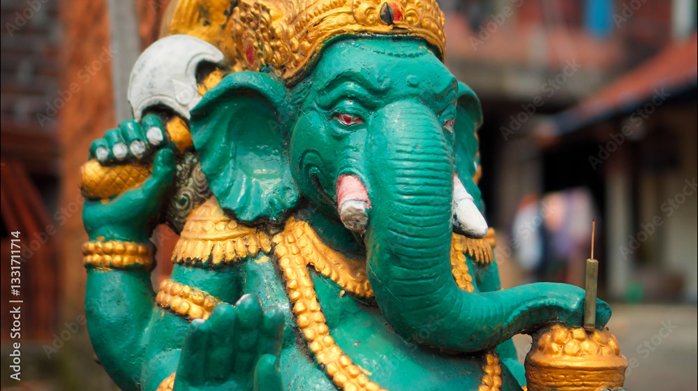 Fototapeta premium An old hindu stone statue of Ganesha covered with moss, standing on the str..