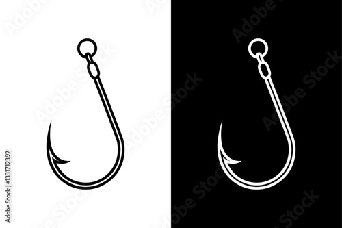 Minimalist Fishing Hook Icon Silhouette Vector on Black & White.