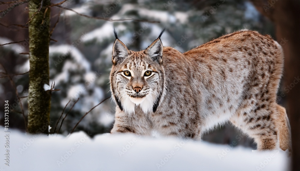 Naklejka premium A lynx with tufted ears and spotted coat stealthily moves through snowy forest, blending perfectly with the winter landscape. 