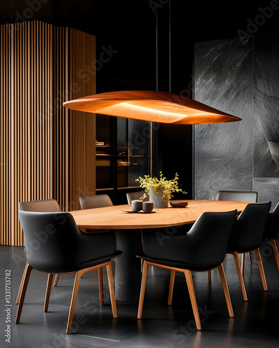 Modern dining room with warm tones and sleek design