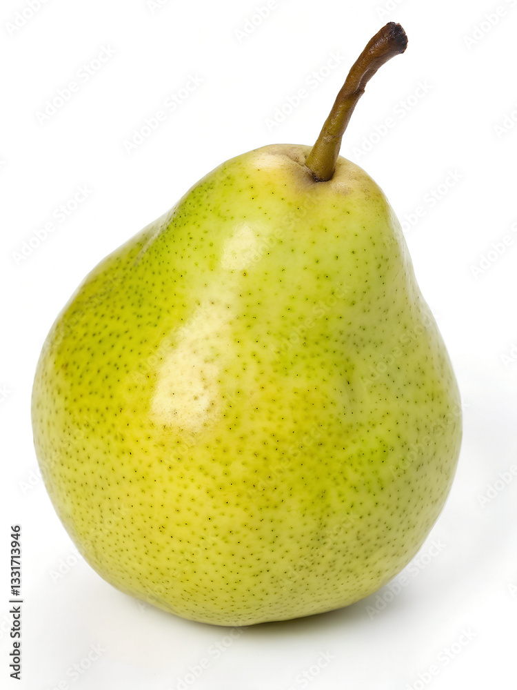 A juicy, ripe pear with a greenish-yellow color on a white background. A juicy, ripe pear with a greenish-yellow color on a white background.